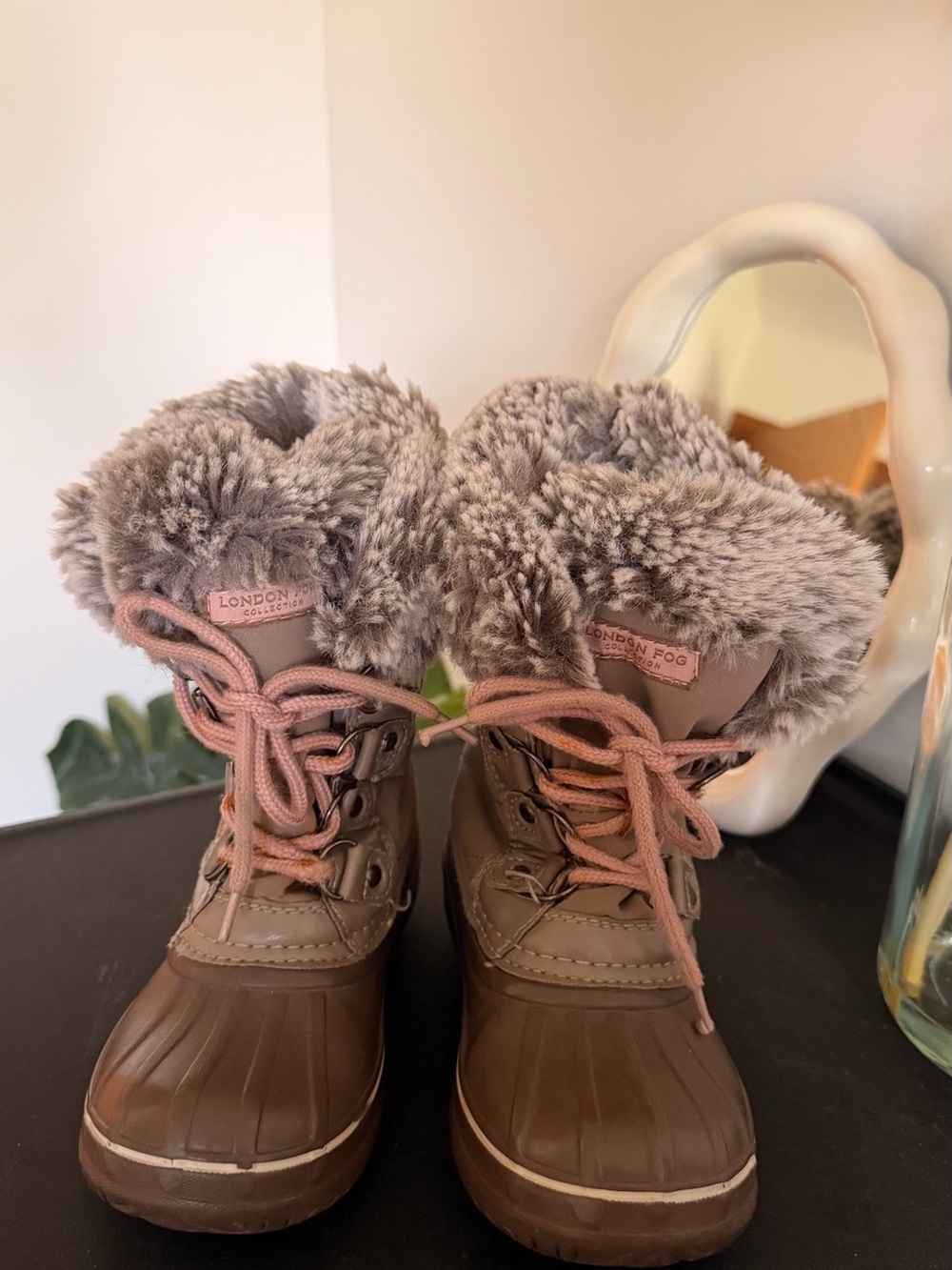 London Fog Kids Brown Boots with Pink Laces and Gray Faux Fur